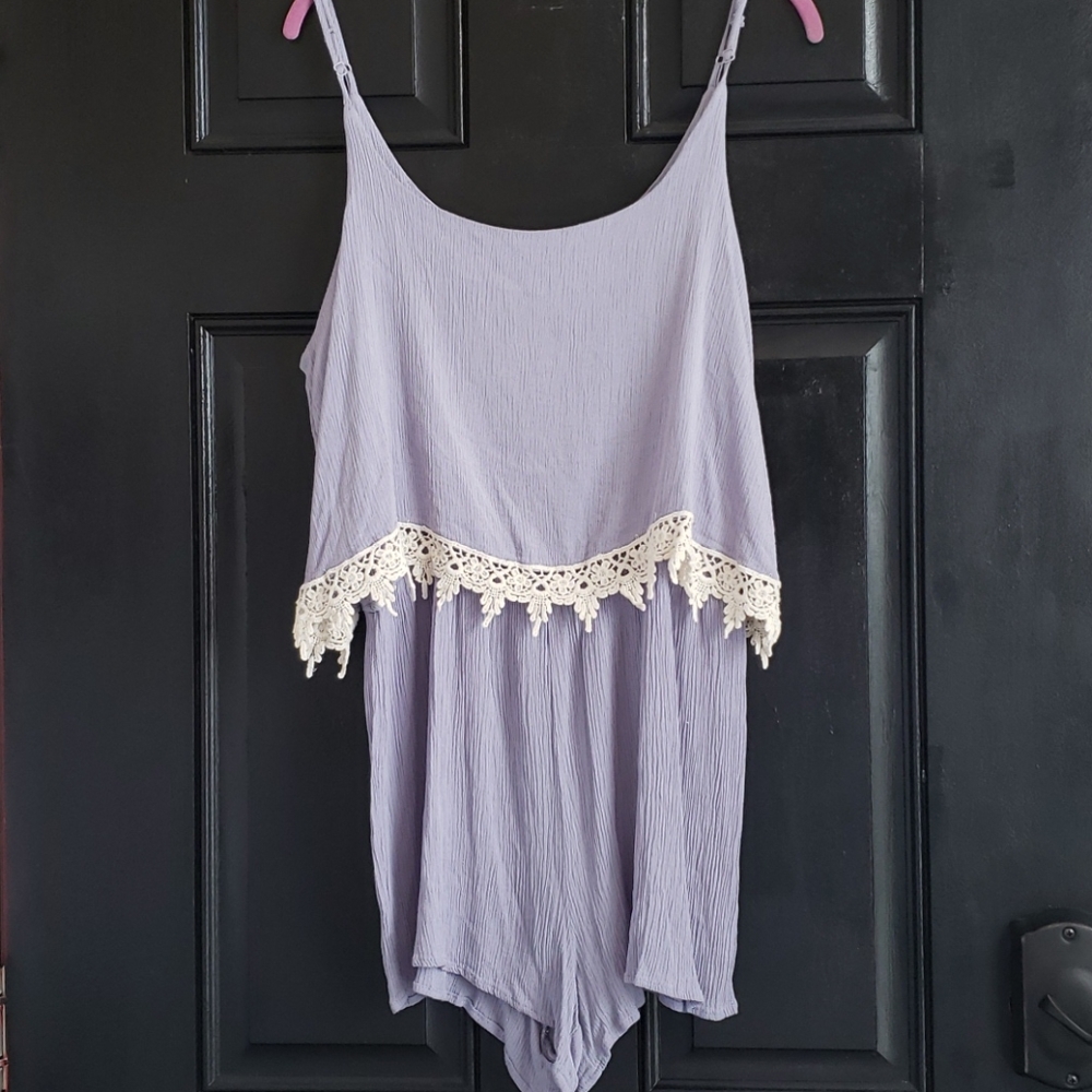 Periwinkle Romper w/ cream macrame lace